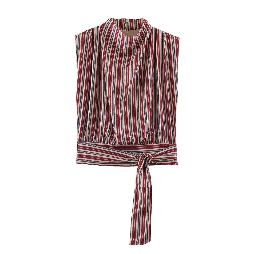 Women's Sleeveless Striped Blouse with Waterfall Collar and Tie Belt Amarae