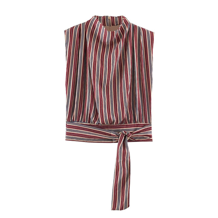 Women's Sleeveless Striped Blouse with Waterfall Collar and Tie Belt Amarae
