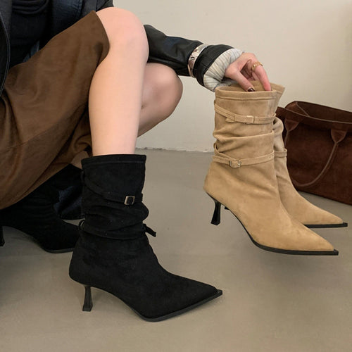 Elegant ankle boots for women in soft suede with a chic pleated design and a small heel Amarae