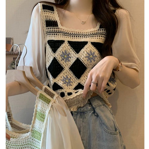 Women's crochet top with transparent puff sleeves and diamond-shaped design