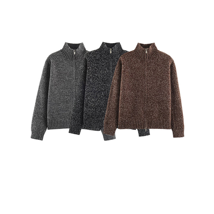 Women's Chunky Knit Zip Sweater with Stand-Up Collar and Ribbed Hem Amarae