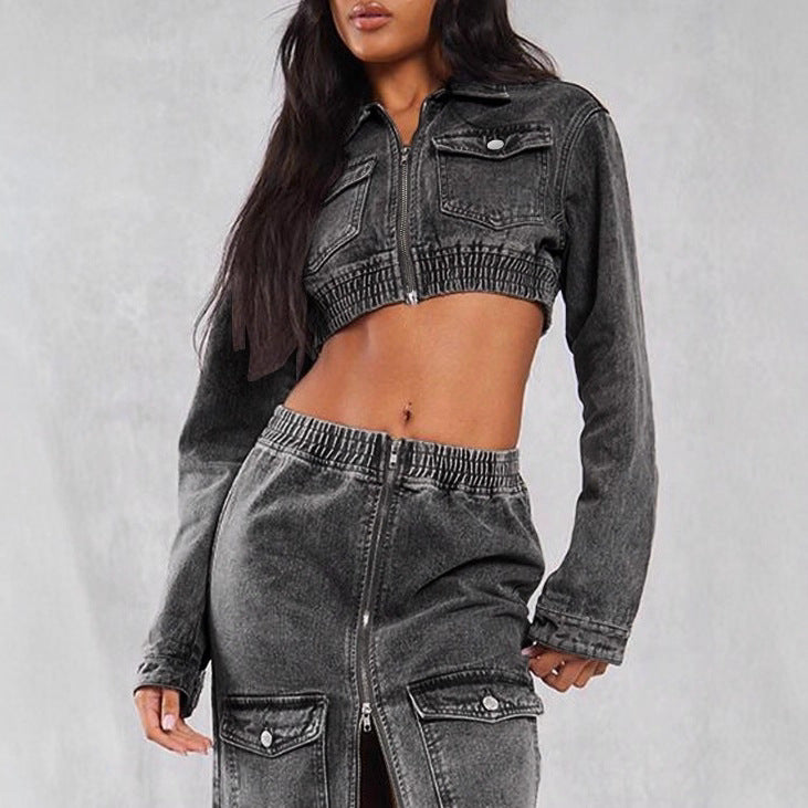 Women's Cropped Denim Set consisting of jacket and midi skirt with zipper, elastic waistband & cargo pockets Amarae