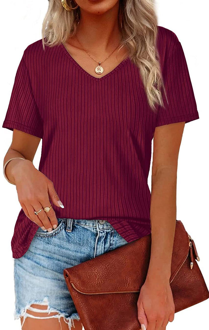 Viscose T-shirt for women with a fine ribbed knit pattern and a casual V-neck Lune London