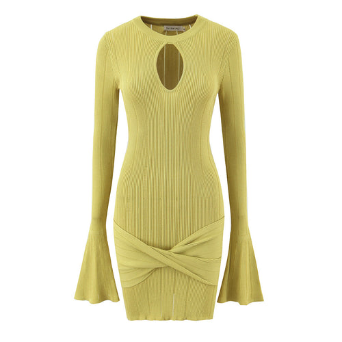 Fitted knitted dress for ladies with an original neckline and a chic ruffle.