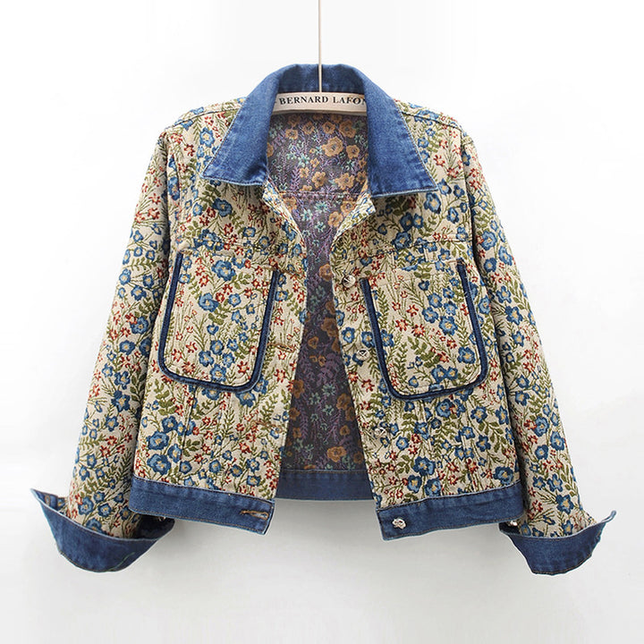 Floral patterned denim jacket for women with applied pockets and collar Lune London