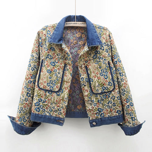 Floral patterned denim jacket for women with applied pockets and collar Amarae