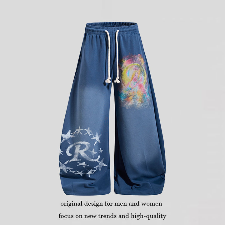 Women Wide Palazzo Sweatpants with Elastic Waistband, Drawstring and Creative Allover Prints Amarae