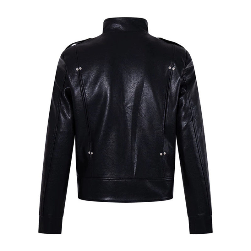 Men's military-inspired faux leather jacket with stand-up collar, decorative button row and shoulder pads Amarae