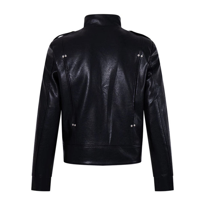 Men's military-inspired faux leather jacket with stand-up collar, decorative button row and shoulder pads Amarae