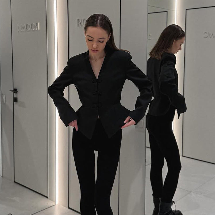Women's peplum blazer with mandarin-like neckline and decorative knot fastenings Amarae