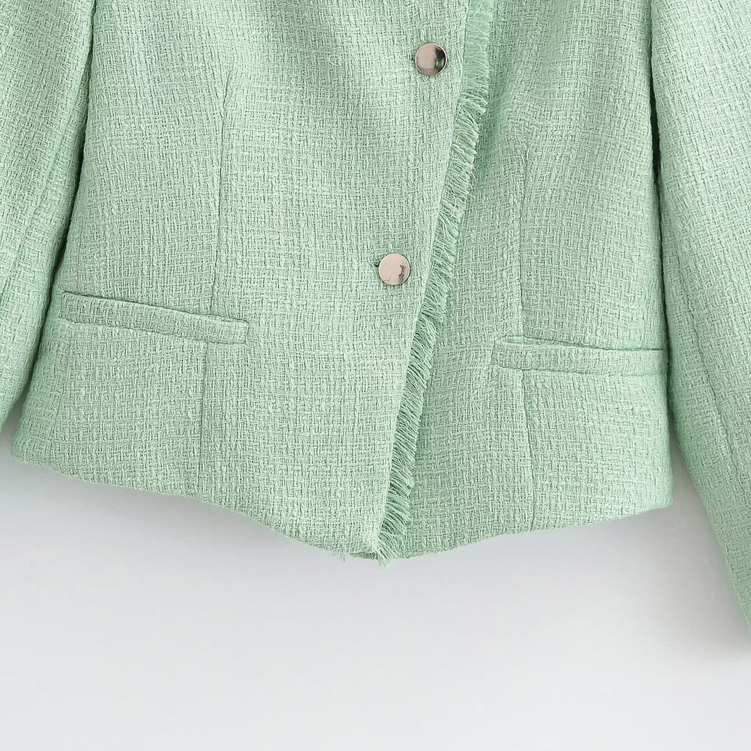 Women Cropped Boucle Blazer with Fringe Hem, Stand-up Collar and Piped Pockets Amarae
