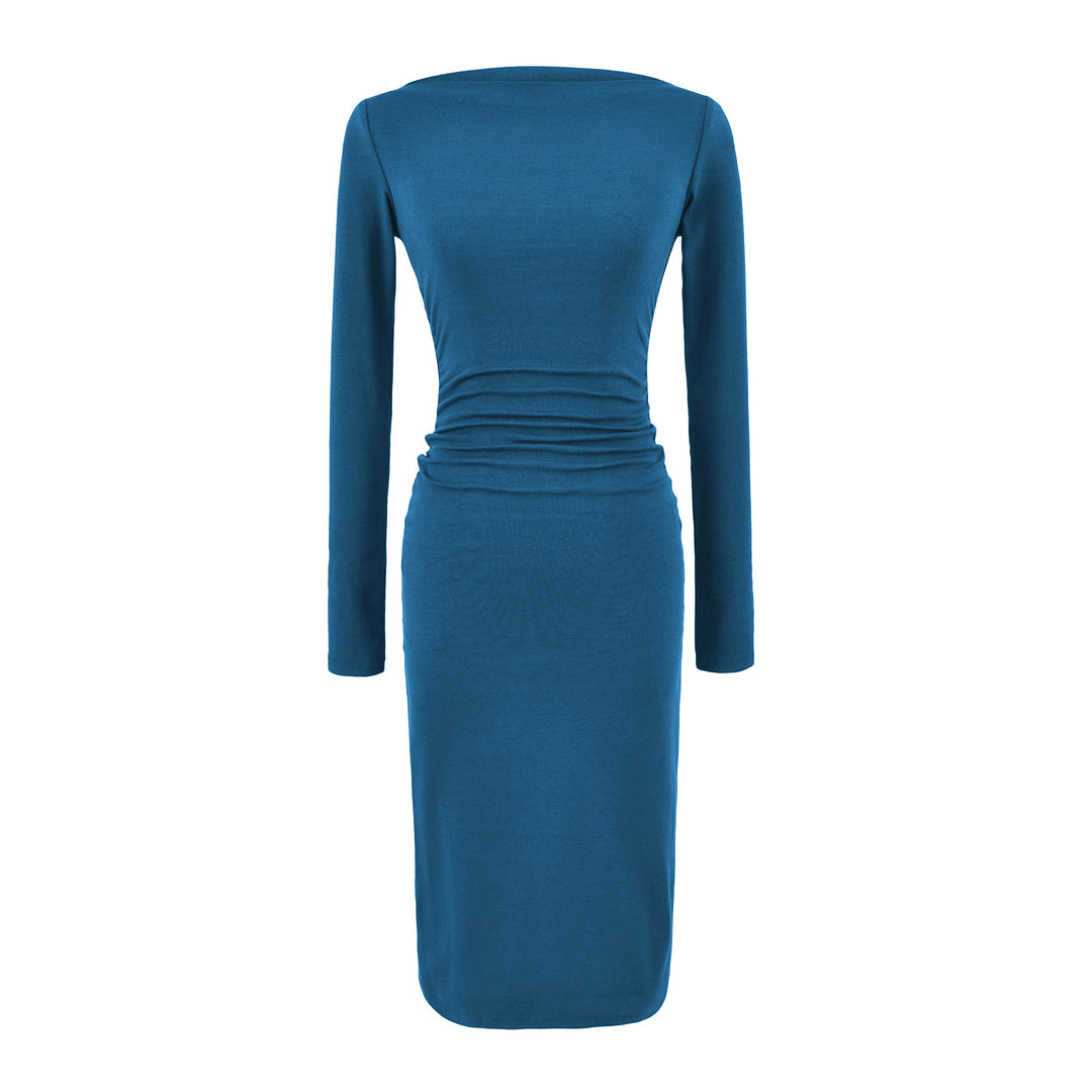 Women Figure-hugging Midi Dress with Gathering and Boat Neck Amarae