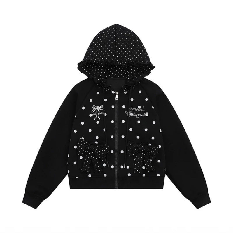 Women's hooded sweatshirt jacket with ruffled hood, polka dot pattern and decorative bows Amarae