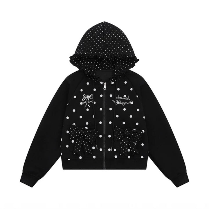 Women's hooded sweatshirt jacket with ruffled hood, polka dot pattern and decorative bows Amarae