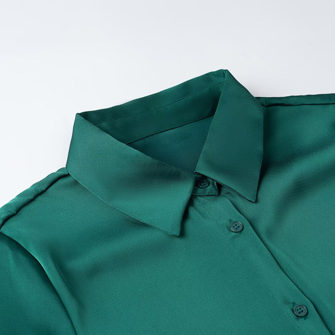 Ladies silk-like blouse with full button closure and wide collar Amarae
