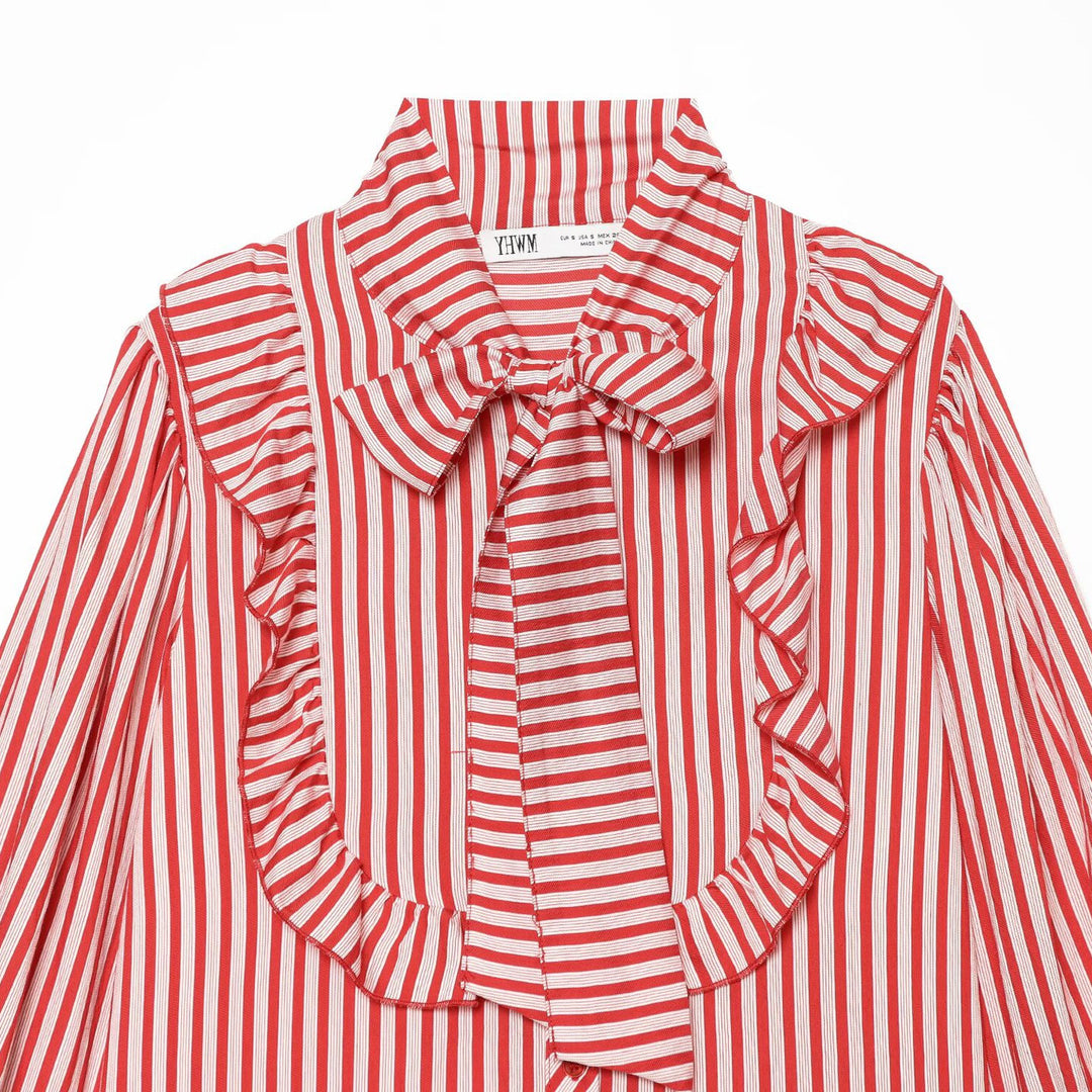 Women Striped Blouse with Ruffle Yoke and Bow Collar Amarae
