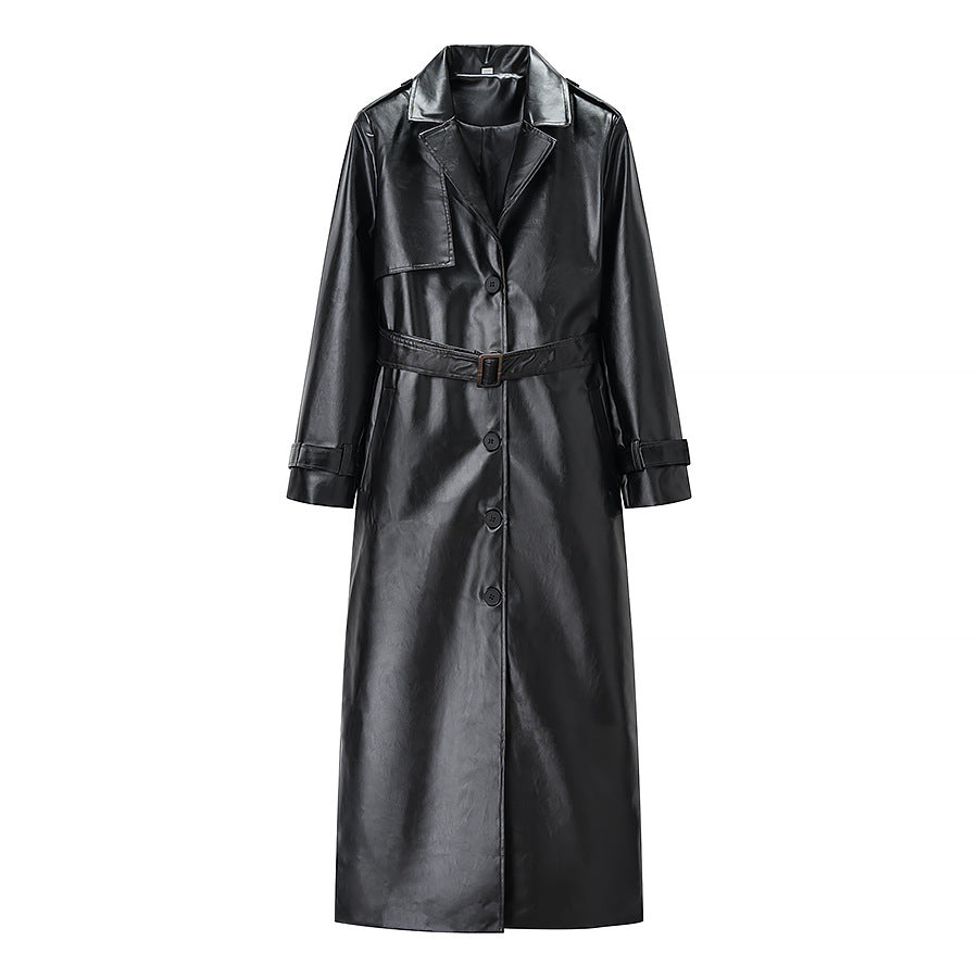 Elegant faux leather trench coat for women with tie belt Lune London