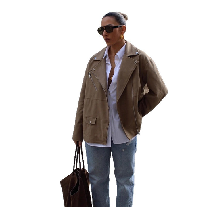 Women Oversize Biker Jacket made of suede imitation with asymmetric zipper Amarae