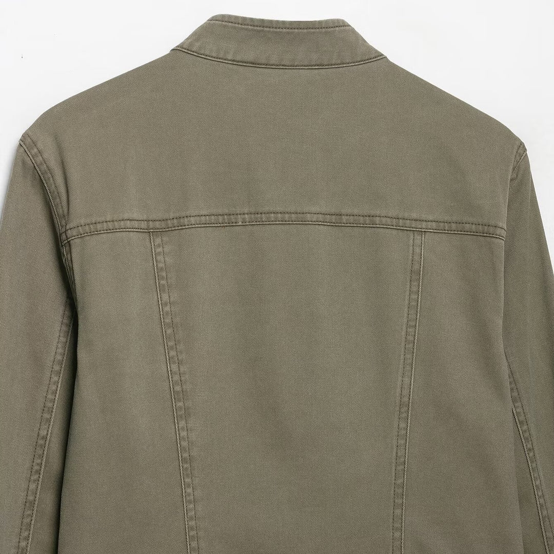 Ladies military-inspired short jacket with stand-up collar, decorative flaps and zipper Amarae