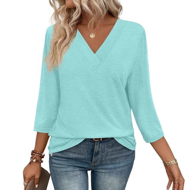 Women's V-Neck Top with Three-Quarter Sleeves and Side Slits Lune London