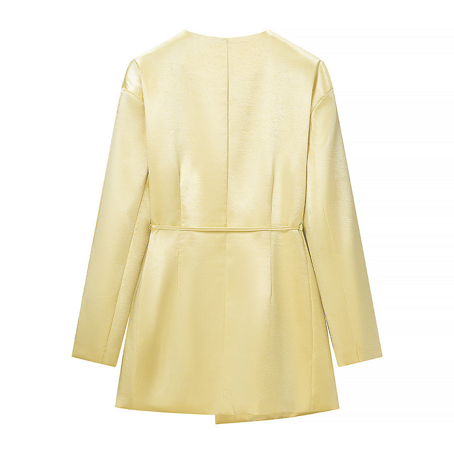 Ladies Two-Piece Satin Ensemble with Wrap Blazer and Wide Pleated Trousers Amarae