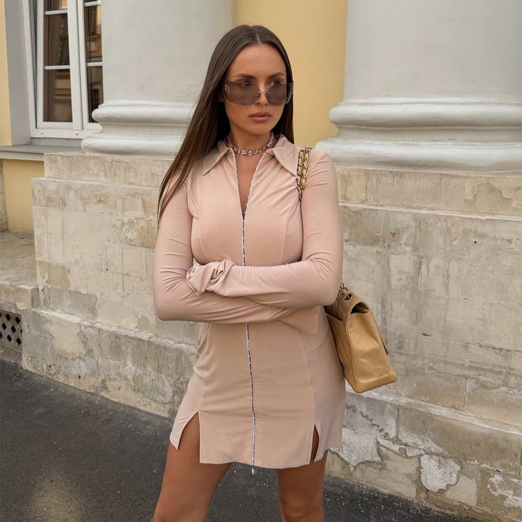 Women's Fitted Shirt Blouse Mini Dress with Continuous Decorative Zipper, Tailored Seams, and Side Slits Amarae