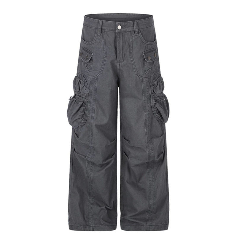Women's wide utility cargo pants with gathered side pockets and decorative seams Amarae