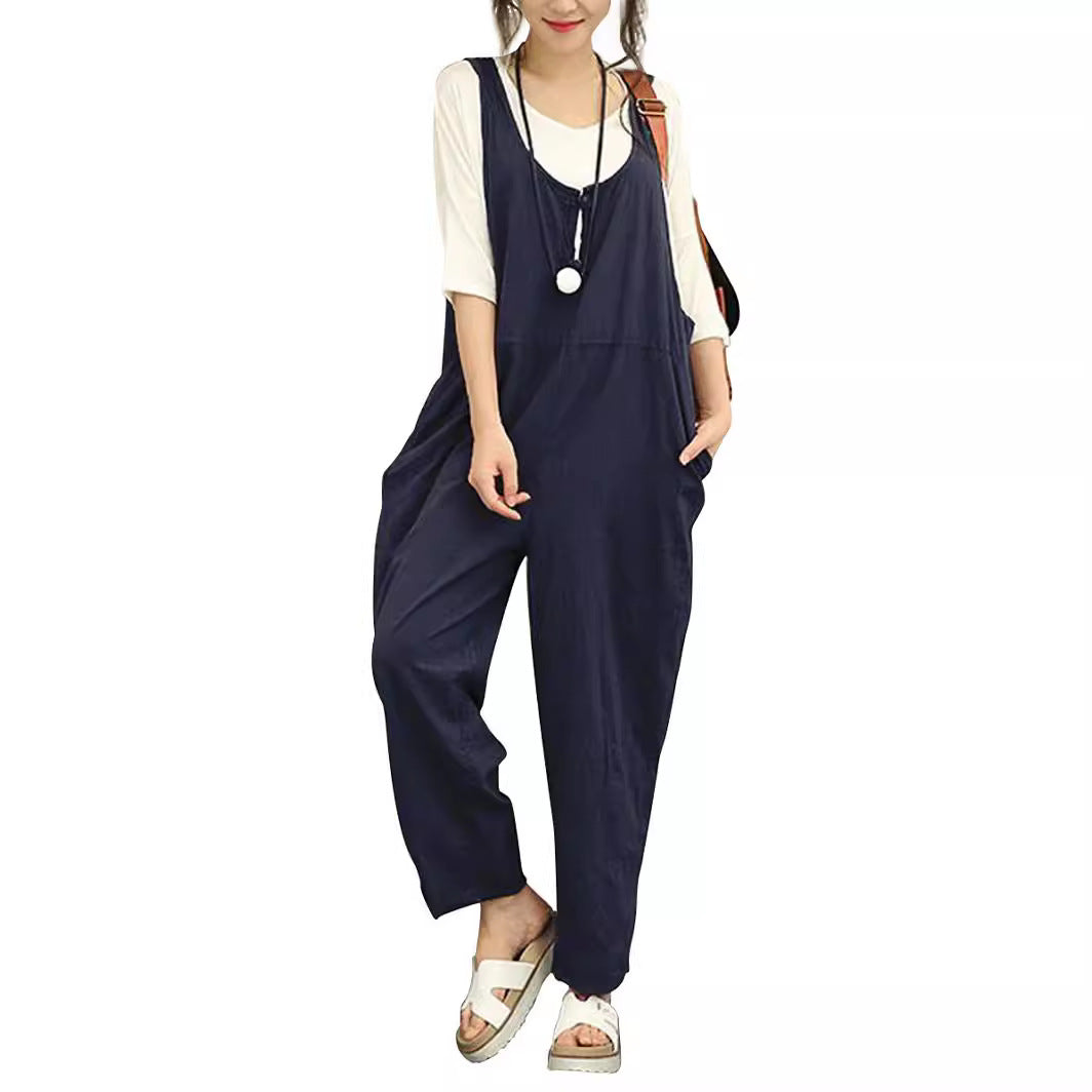 Women Casual Harem Jumpsuit made of Linen with Adjustable Straps and Side Pockets Amarae
