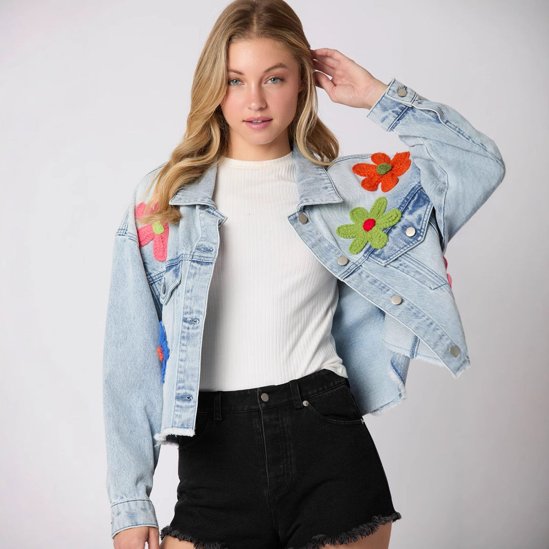 Women's cropped denim jacket with colorful football patches and casual cut Lune London