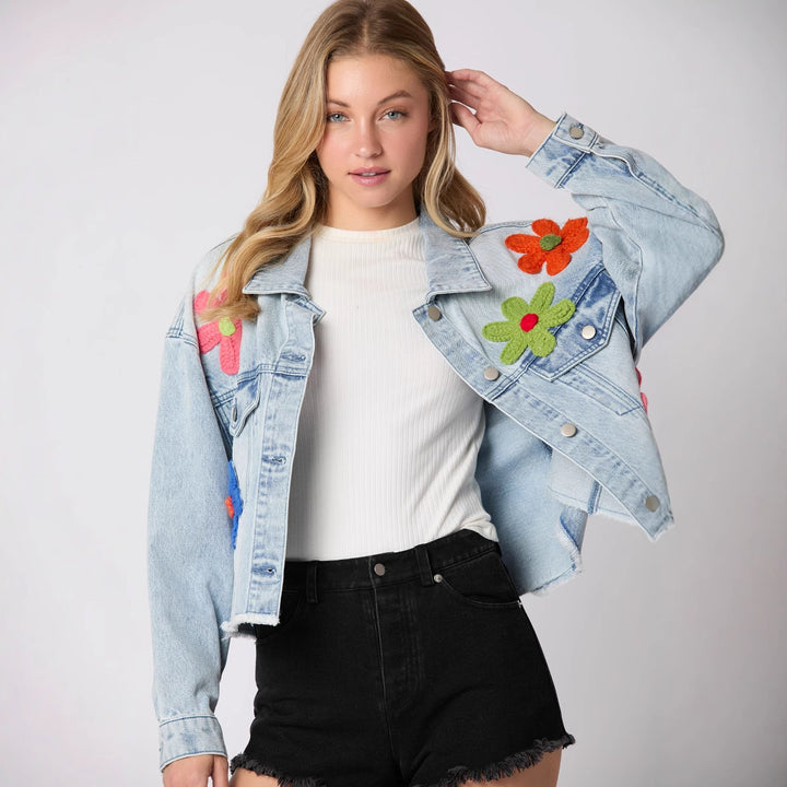 Women's cropped denim jacket with colorful football patches and casual cut Lune London