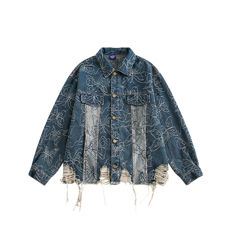 Unisex Oversized Jeans Jacket with Floral Embroidery, Contrast Panels and Frayed Hem Amarae