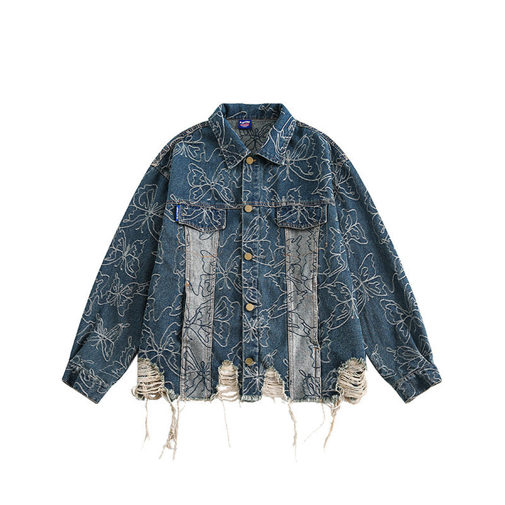 Unisex Oversized Jeans Jacket with Floral Embroidery, Contrast Panels and Frayed Hem Amarae