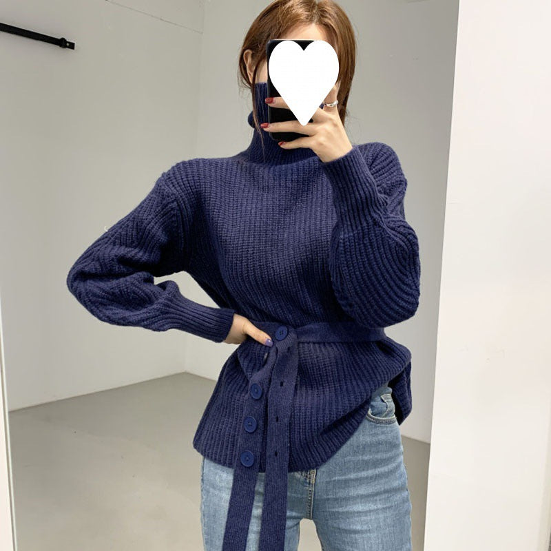 Pull en tricot épais pour femmes avec col montant et taille ceinturée Chic & Stil