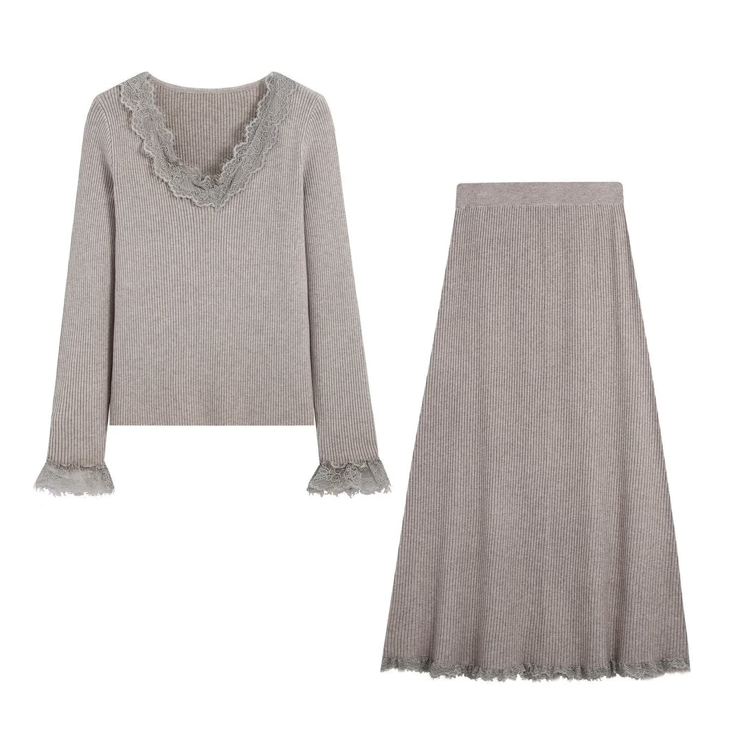 Women Two-Piece Ribbed Knit Set with Lace Trim Amarae