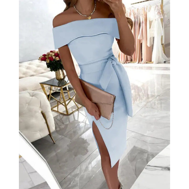 Elegant bodycon dress for women with off-shoulder design, side slit and bow detail Lune London
