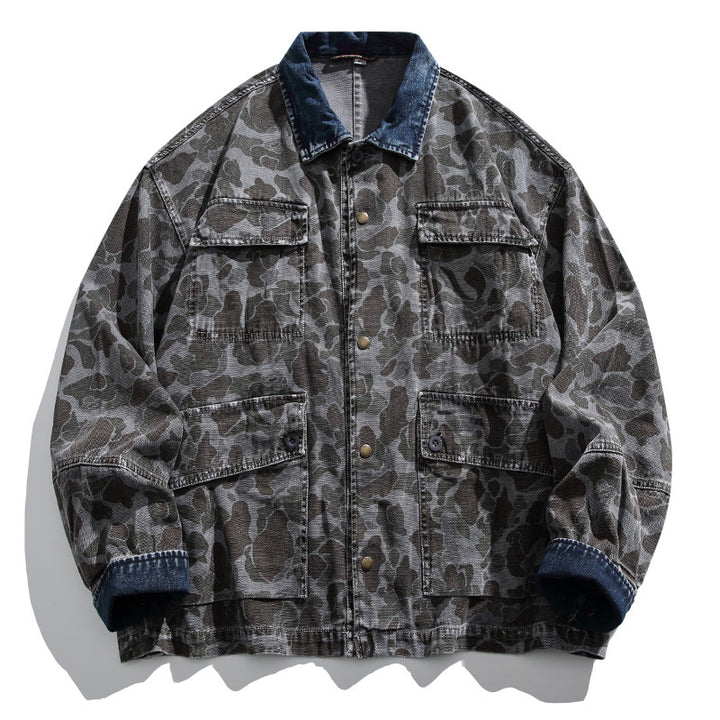 Men's Boxy Jeans Jacket in Camouflage Pattern with Contrast Collar and Multiple Pockets Amarae