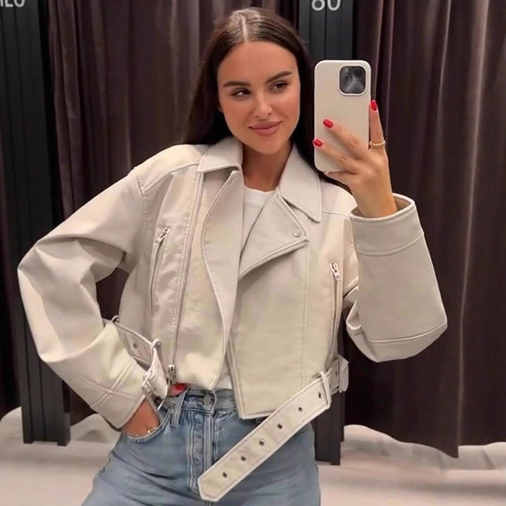 Women Short-Cut Biker Jacket Made of Faux Leather with Waist Belt Amarae