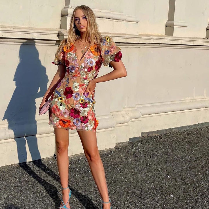 Lune London | 3D Flower Bodycon Lantern Sleeve Embroidered Dress
