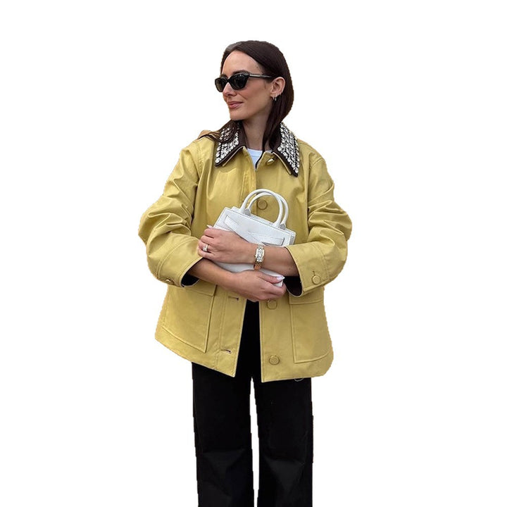 Women's Boxy Transitional Jacket with Embellished Decorative Collar and Patch Pockets Amarae