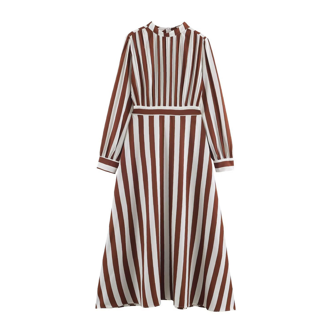 Women's Striped Midi Dress with Stand-up Collar, Tailored Belt and Flared A-Line Skirt Amarae