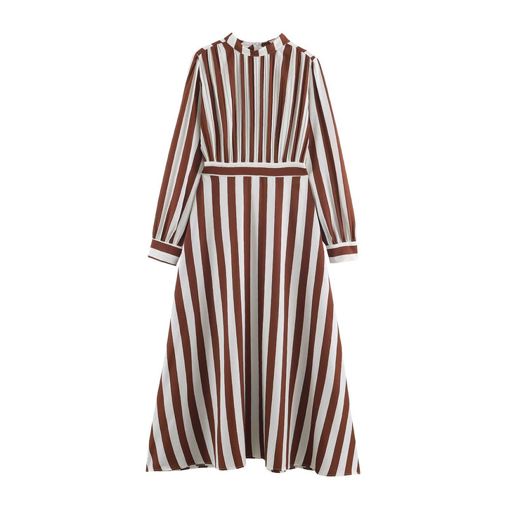 Women's Striped Midi Dress with Stand-up Collar, Tailored Belt and Flared A-Line Skirt Amarae