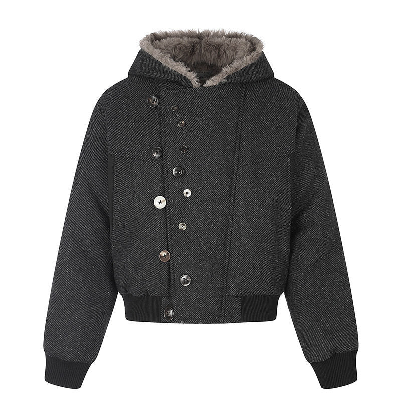 Women's hooded bomber jacket with faux fur lining, asymmetrical multi-button placket, and ribbed hem Amarae