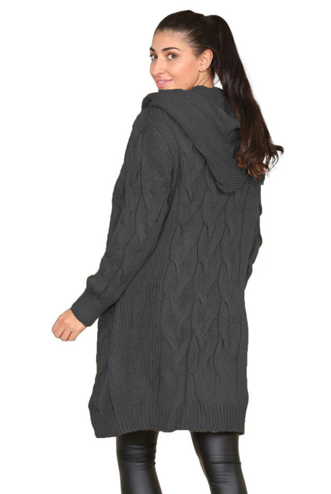 Long knitted coat for women with an elegant cable pattern and hood Lune London