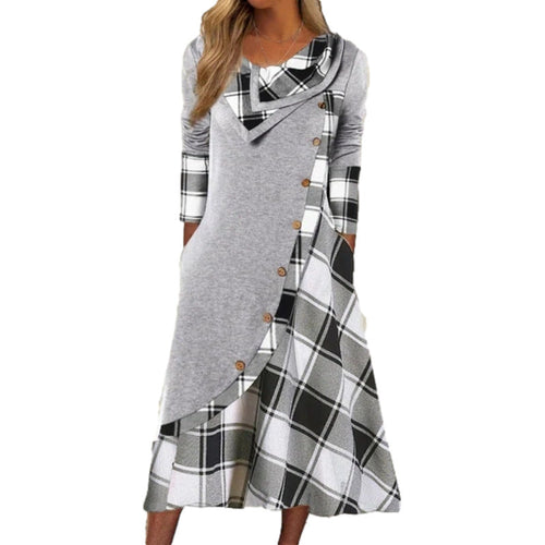 Amarae | Plaid Split Button Pocket Stacked Collar Long Sleeve Dress