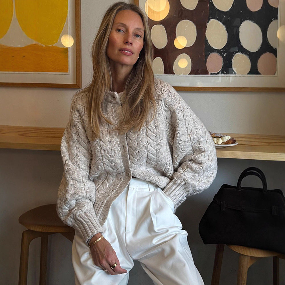 Women Chunky Knit Cable Pattern Cardigan with Balloon Sleeves Amarae