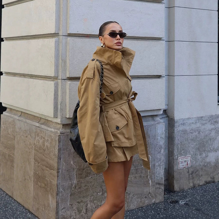Women's Tailored Utility Jacket with Tie Belt, High Stand Collar and Flap Pockets Amarae