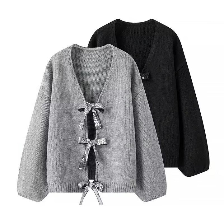 Women's Oversized Knit Cardigan with V-Neck and Sequin Bows Amarae
