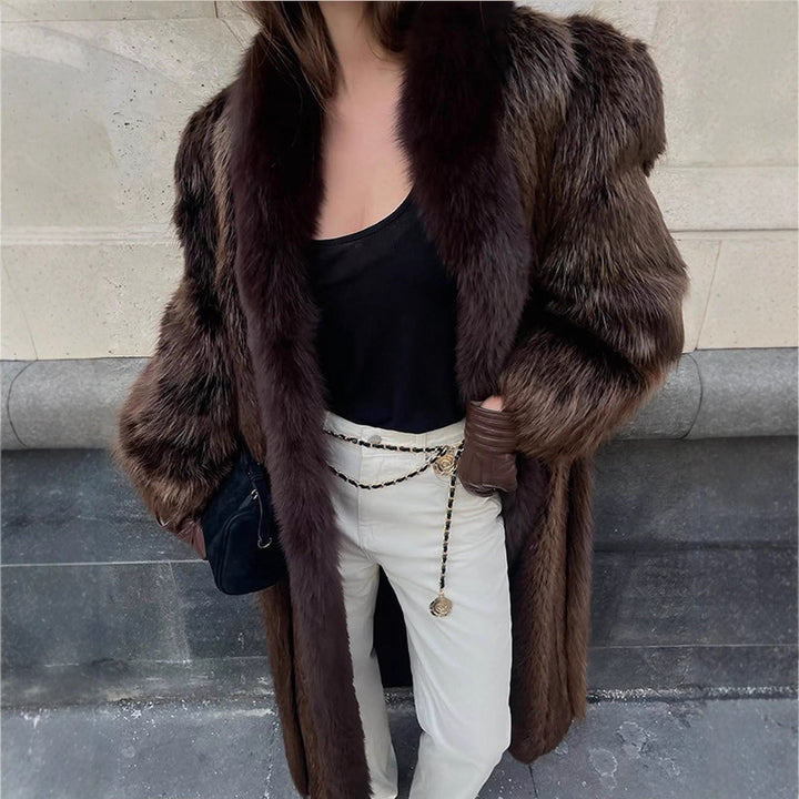 Women Luxurious Long Fur Coat with Wide Collar and Voluminous Sleeves Amarae