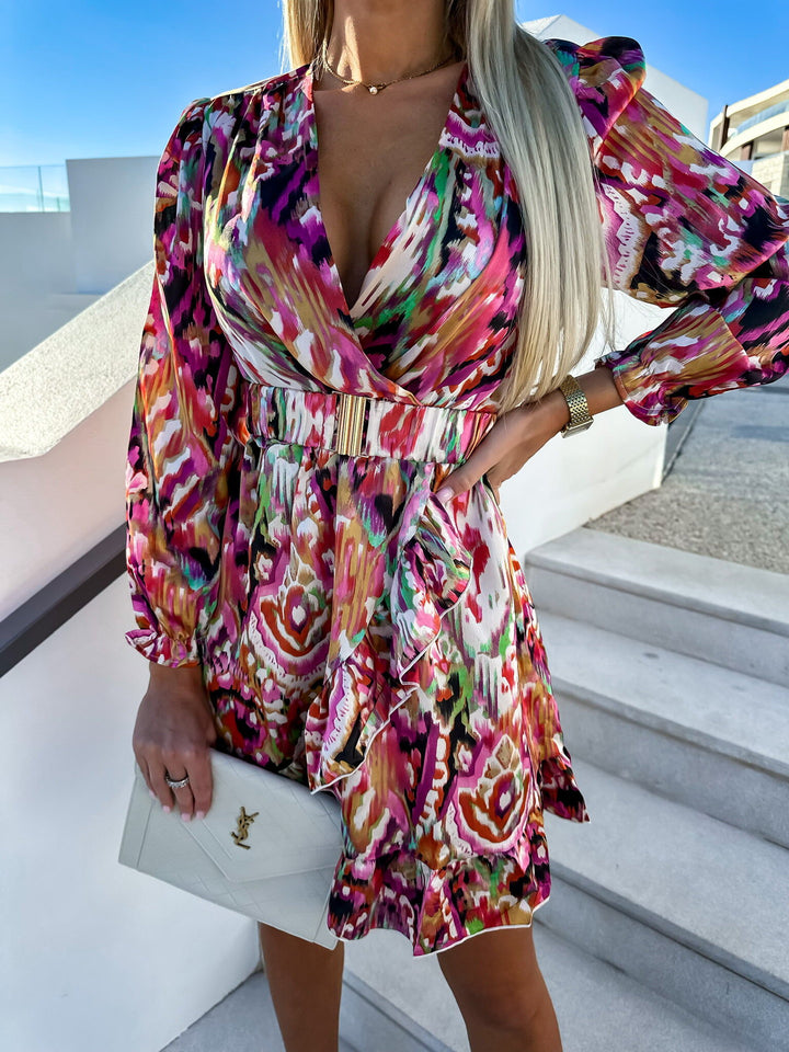Bohemian-inspired mini dress for women with ruffled details and cinched belt Lune London
