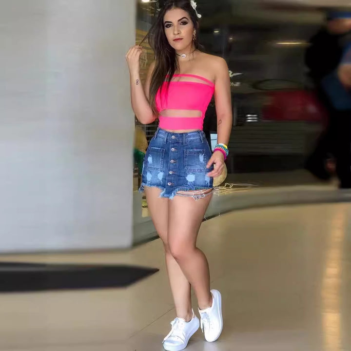 Women's Elegant Crop Top with Seductive Sheer Elements and Casual Mini Skirt